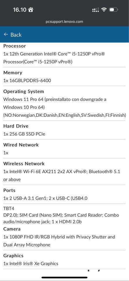 Lenovo T14S - type: 21BR 16 GB ram