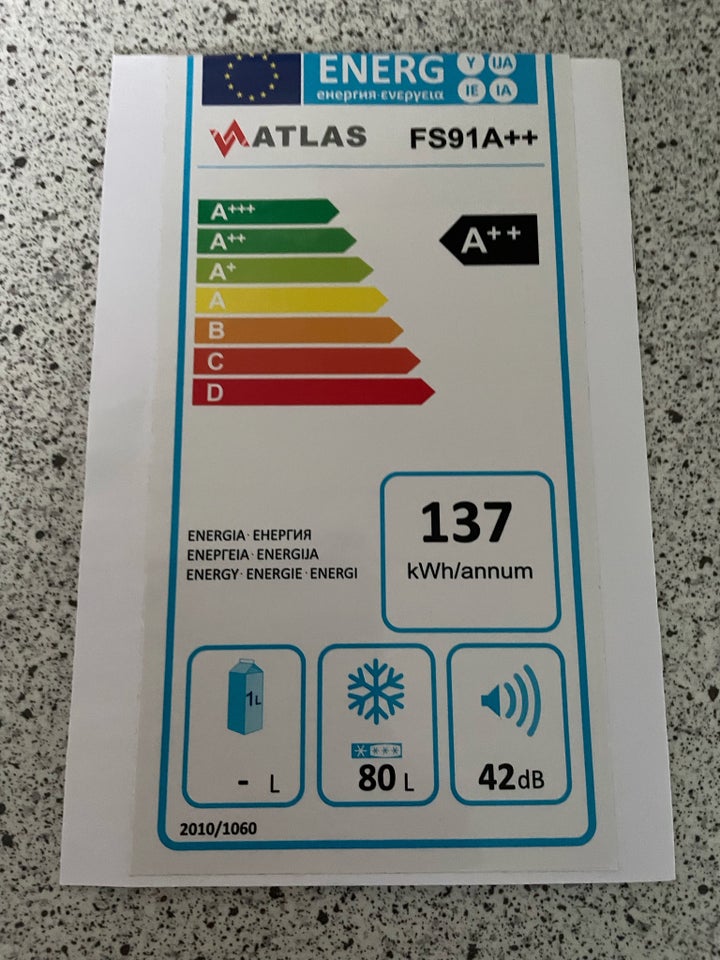 Fryseskab, Atlas FS91A++, 80 liter