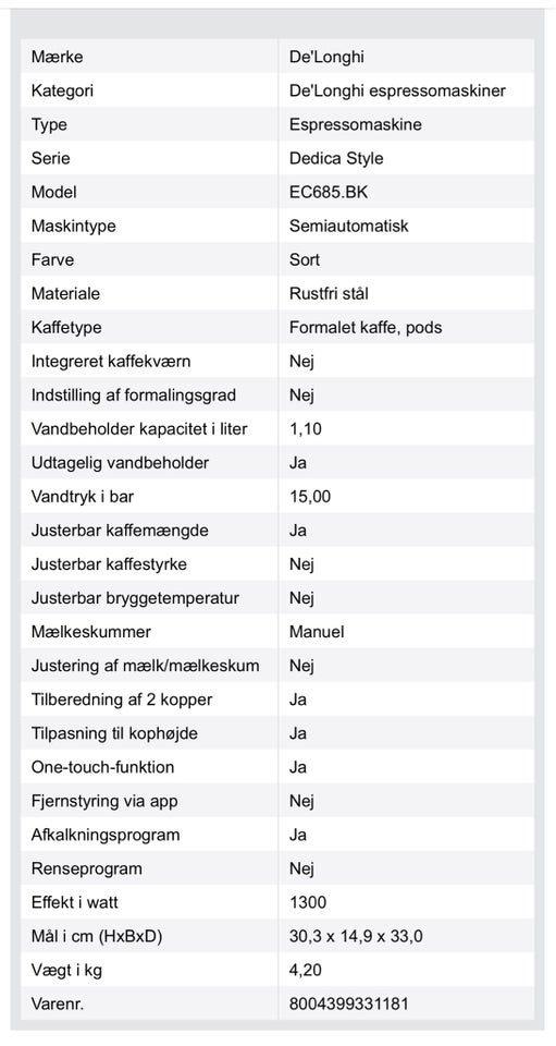 Espressomaskine fra De`Longhi -