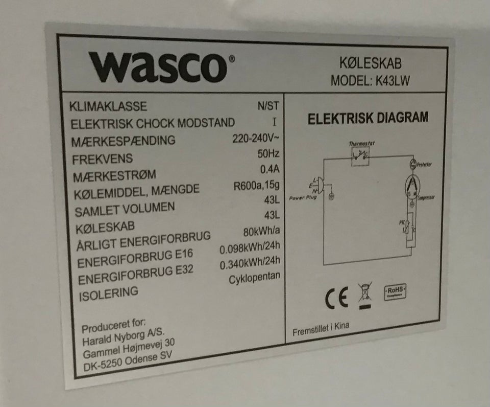 Andet køleskab, Wasco K43LW, 43