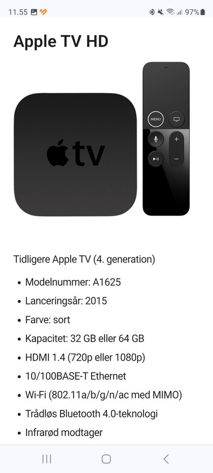 Apple Tv HD A1625 4 Gen 32 GB Apple