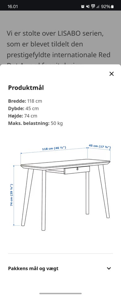 Skrivebord, IKEA, b: 118 d: 45 h: 74