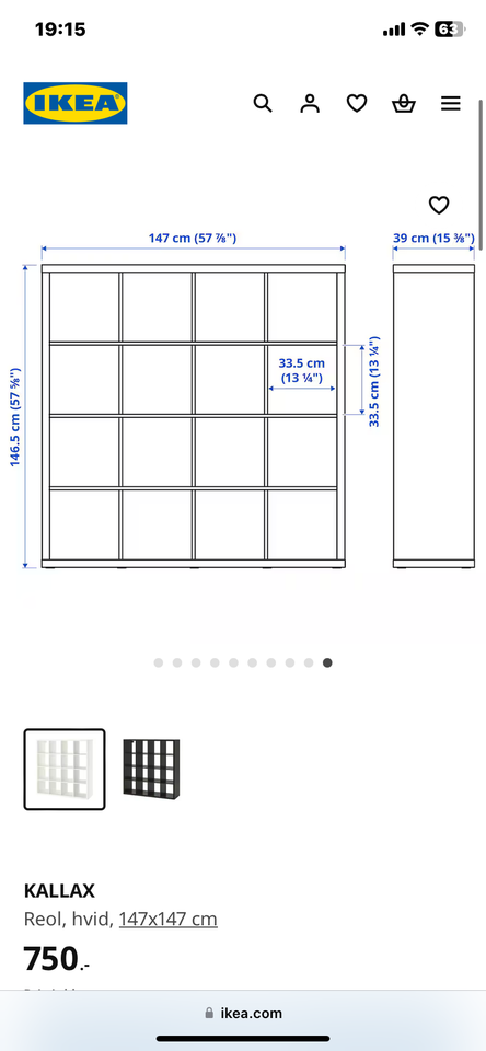 Reol ikea kallax b: 147 d: 39 h: 147