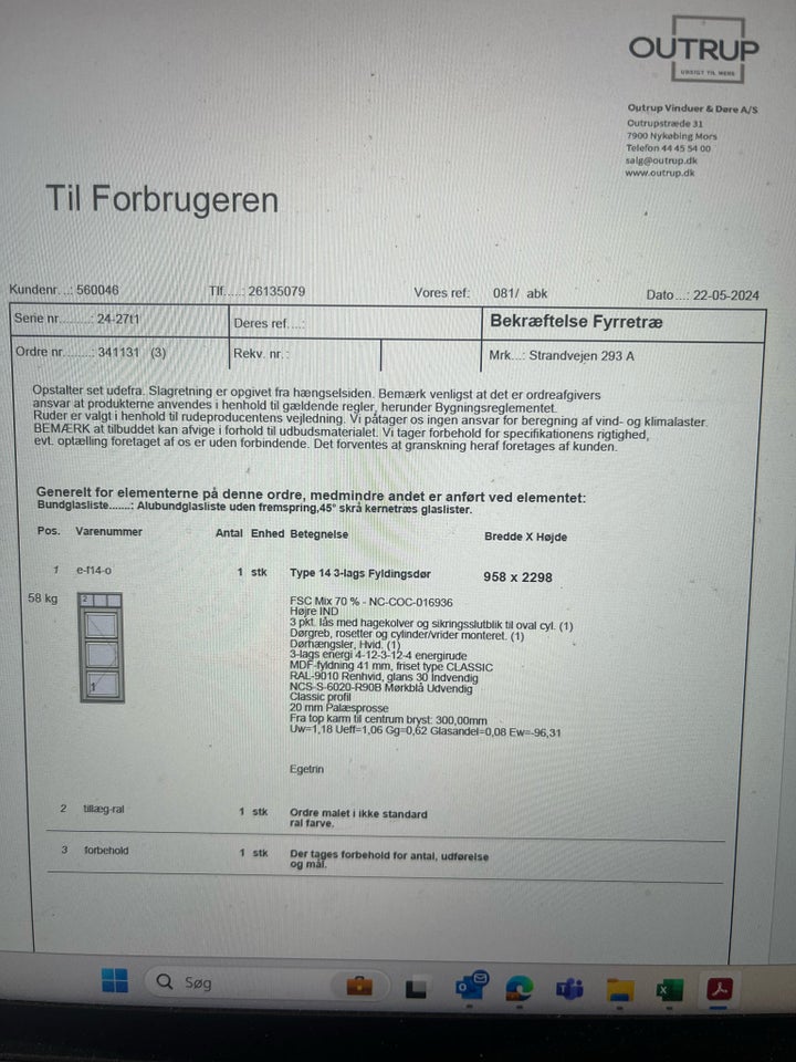 Facadedør, træ, b: 96 h: 230