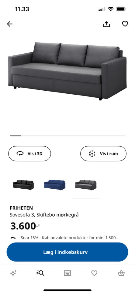 Sovesofa, IKEA, b: 105 l: 225 h: 46