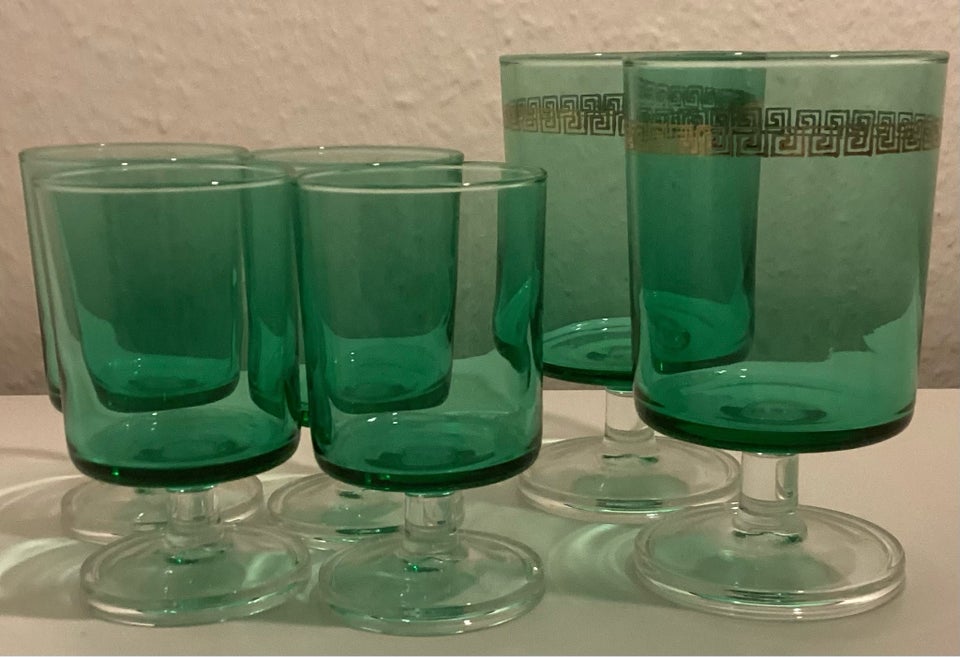 Glas, 6 x grønne glas på klar fod