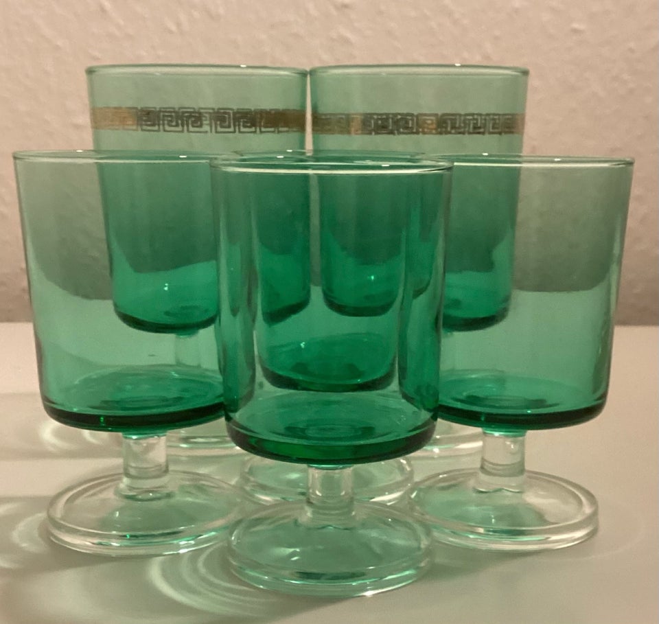 Glas, 6 x grønne glas på klar fod