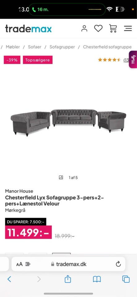 Sofagruppe, velour, 5 pers.