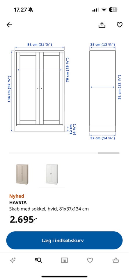 Andet skab IKEA b: 81 d: 37 h: 134