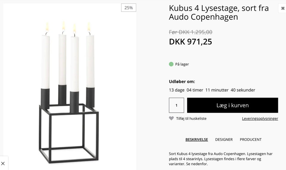 Kubus 4 lysestage - sort, Audo