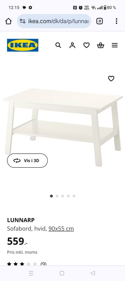 Sofabord Ikea Lunnarp b: 55 l: 90