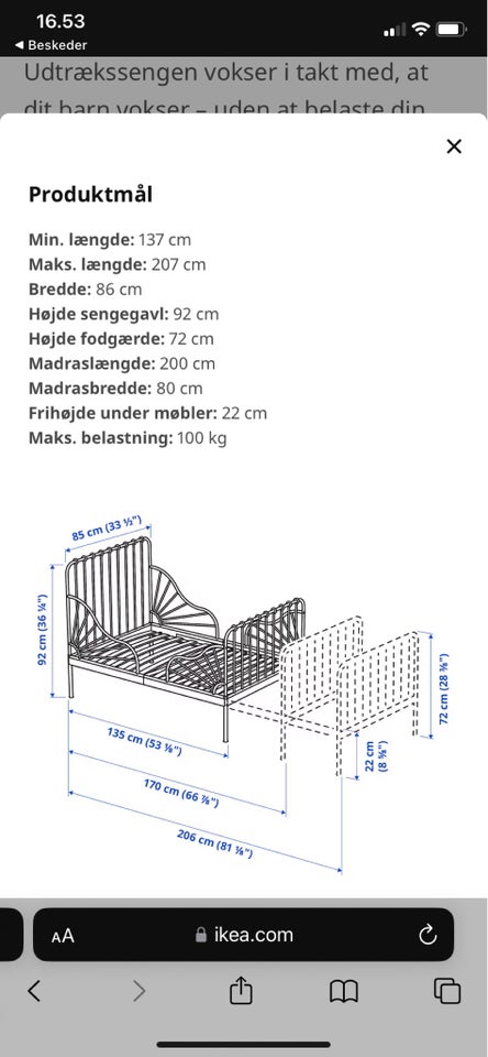 Babyseng, Udtræksseng, b: 80 l: 200