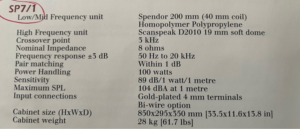 Højttaler, Spendor, SP7/1