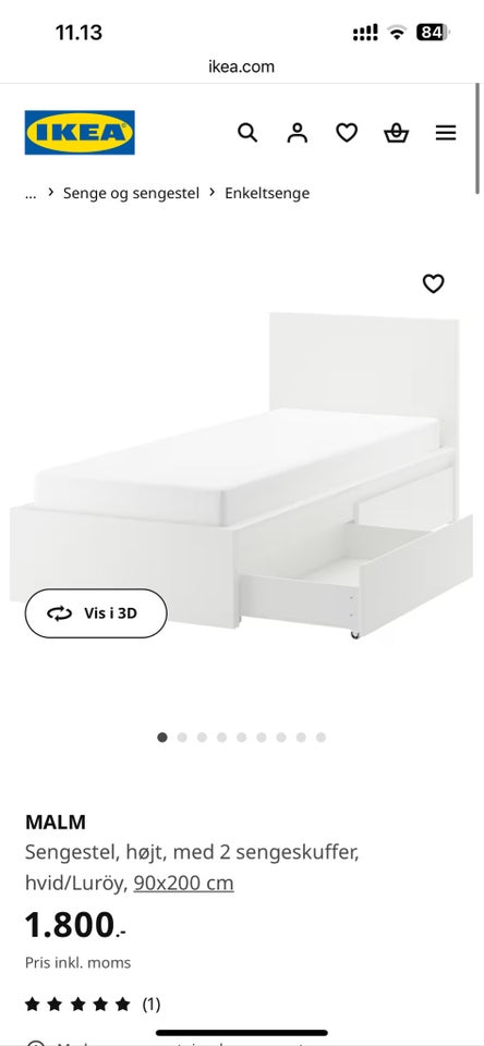 Enkeltseng, Ikea Malm, b: 105 l: 200