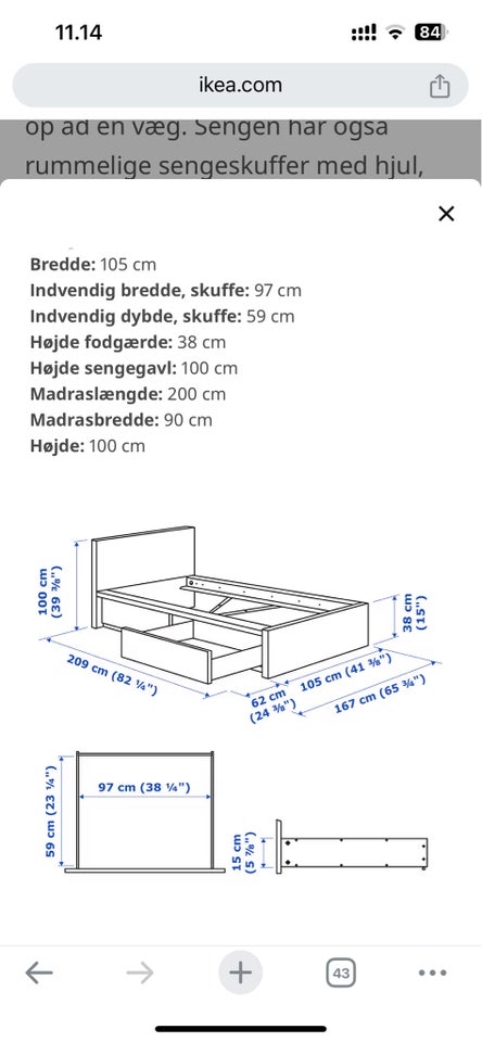 Enkeltseng, Ikea Malm, b: 105 l: 200