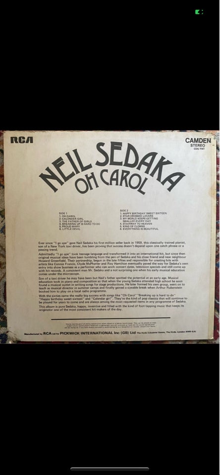 LP Neil Sedaka Oh Carol