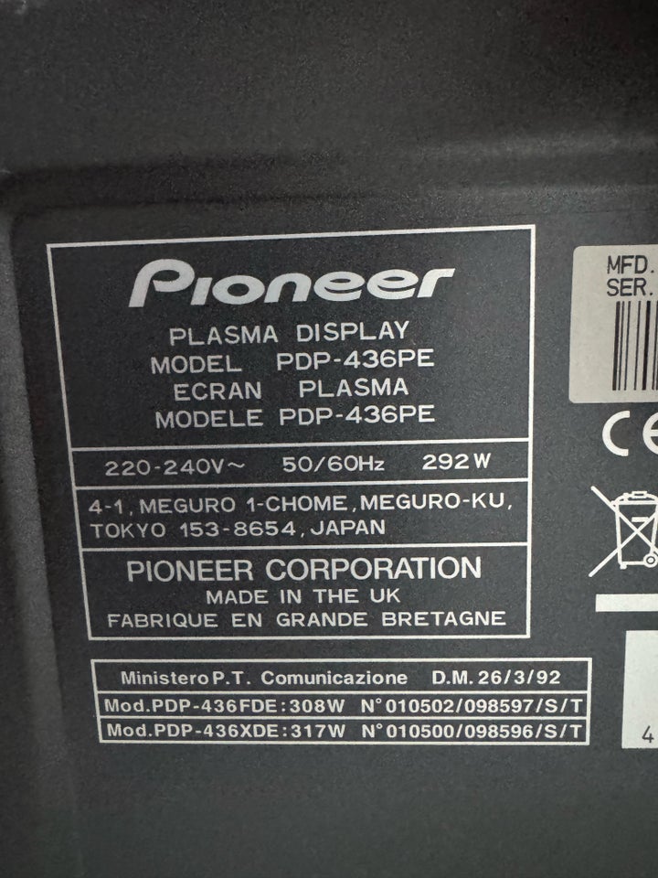 Pioneer, PDP 436PE, 43"