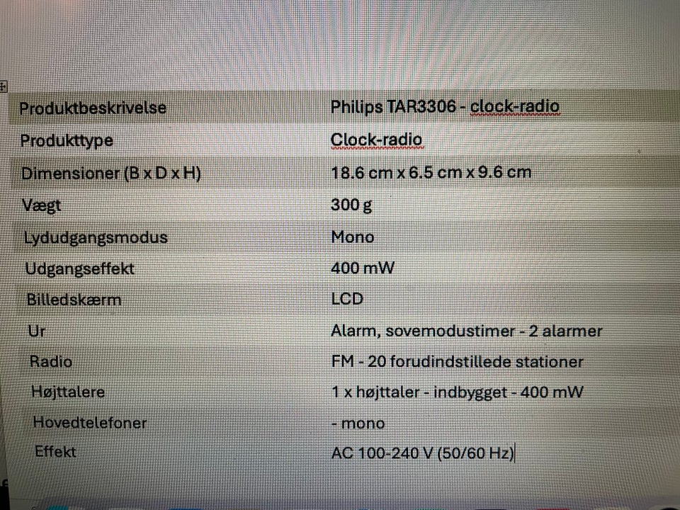 Clockradio, Philips, TAR3306