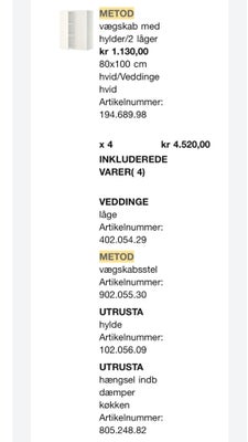 Hængeskab Ikea b: 80 d: 39 h: 100