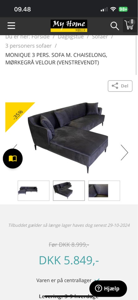 Sofa, velour, 3 pers.