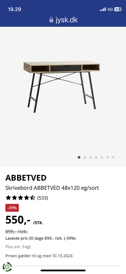 Skrivebord, Abbetved, b: 48 d: 120