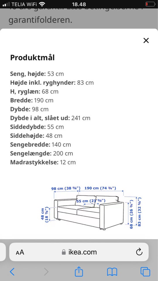 Sovesofa, Ikea model Vimle, b: 98 l: