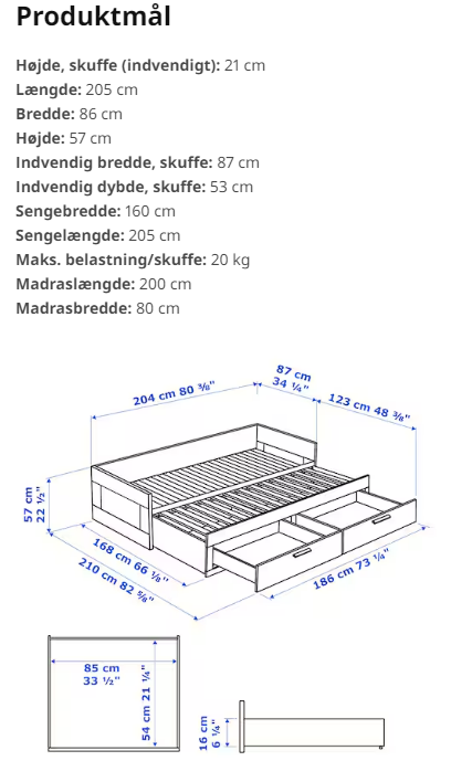 Andet, IKEA Brimnes, b: 86 l: 205 h: