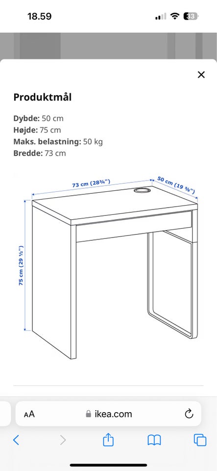 Skrive-/computerbord, Ikea, b: 73