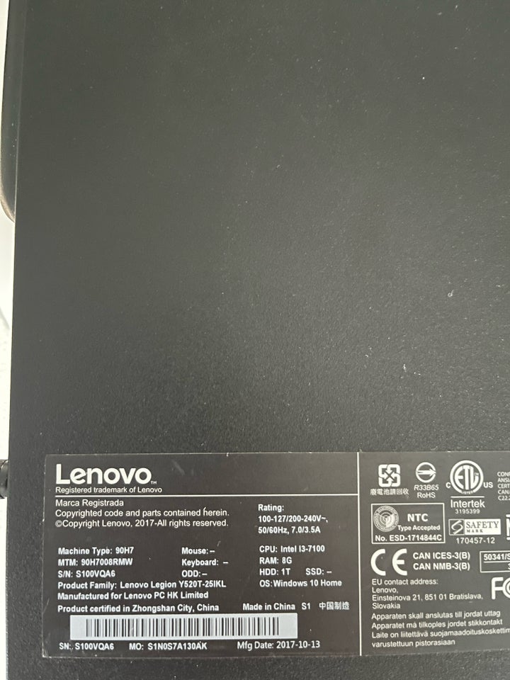 Lenovo, Y520T-24IKL, I3-7100 Ghz