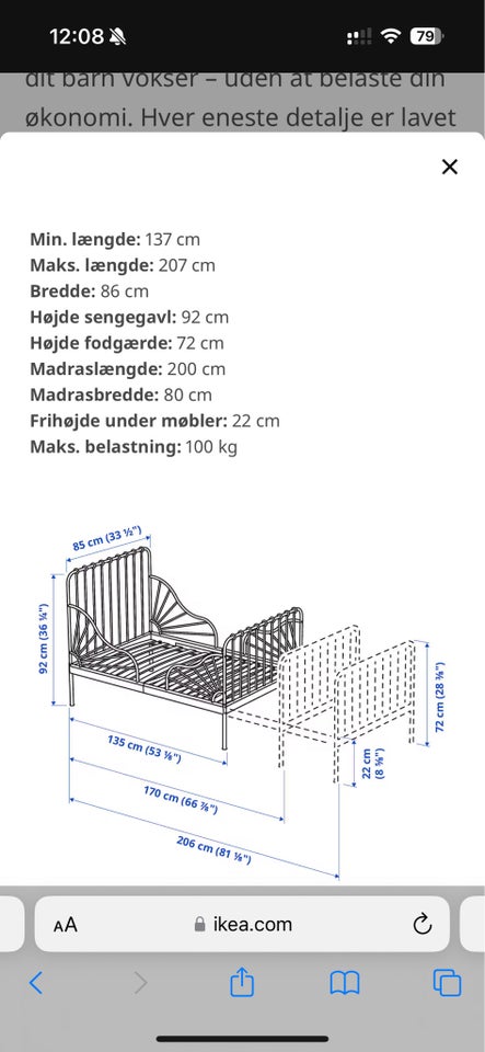 Juniorseng, Udtræksseng, b: 80 l: