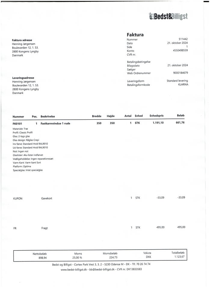 Fastkarmsvindue, træ, b: 35 h: 35