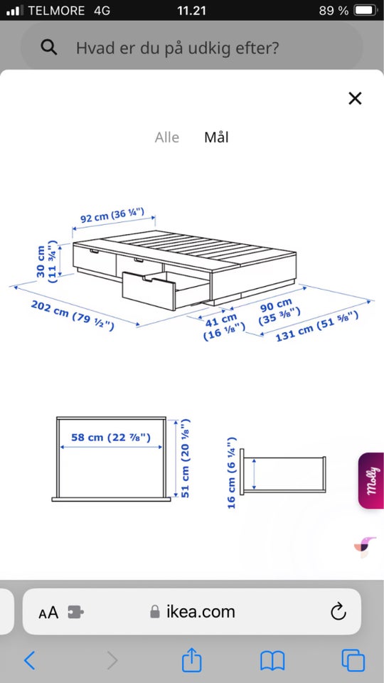 Sengeramme, Ikea Nordli, b: 90 l: