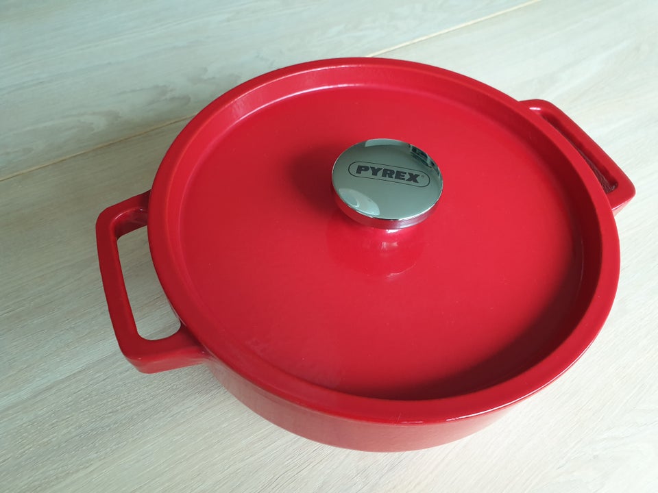 Rød støbejerns gryde med låg, Pyrex