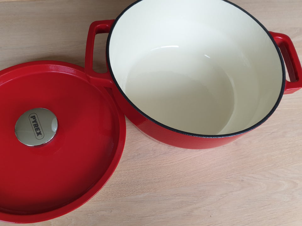 Rød støbejerns gryde med låg, Pyrex