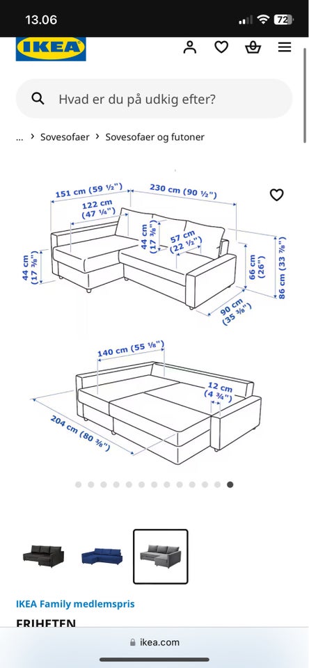 Sovesofa, Ikea, b: 140 l: 204 h: 86