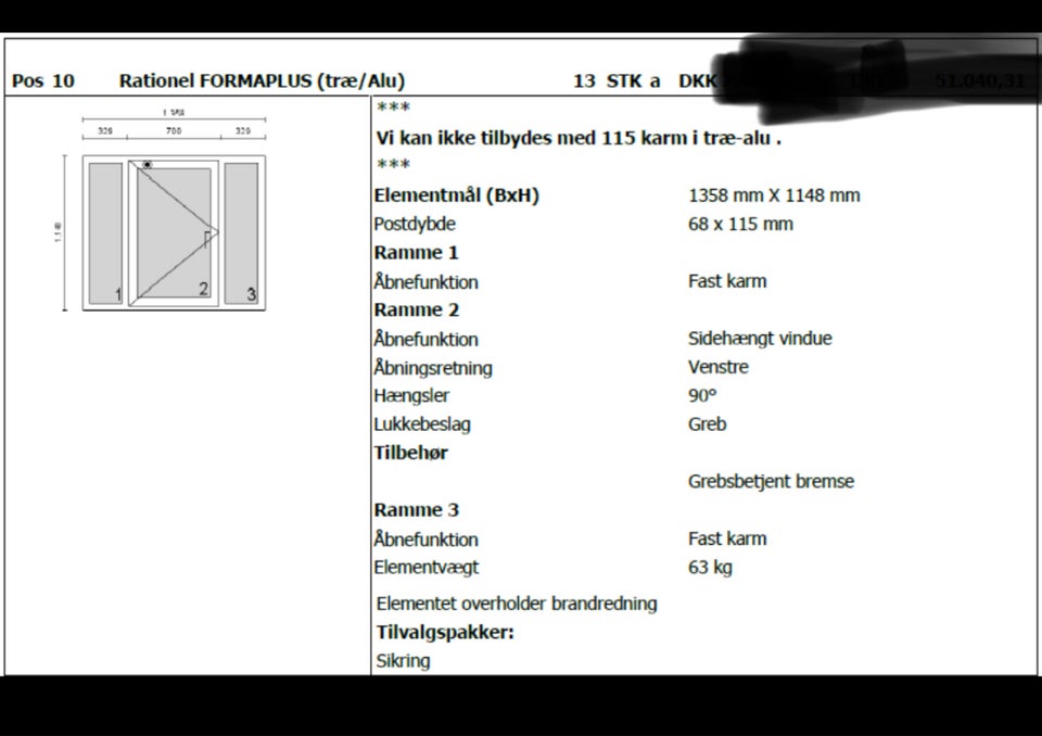 Kvistvindue, træ/alu, b: 136 h: 115