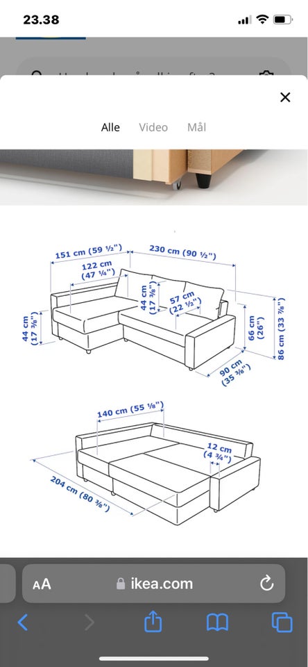 Sovesofa ikea b: 230 l: 151 h: 66