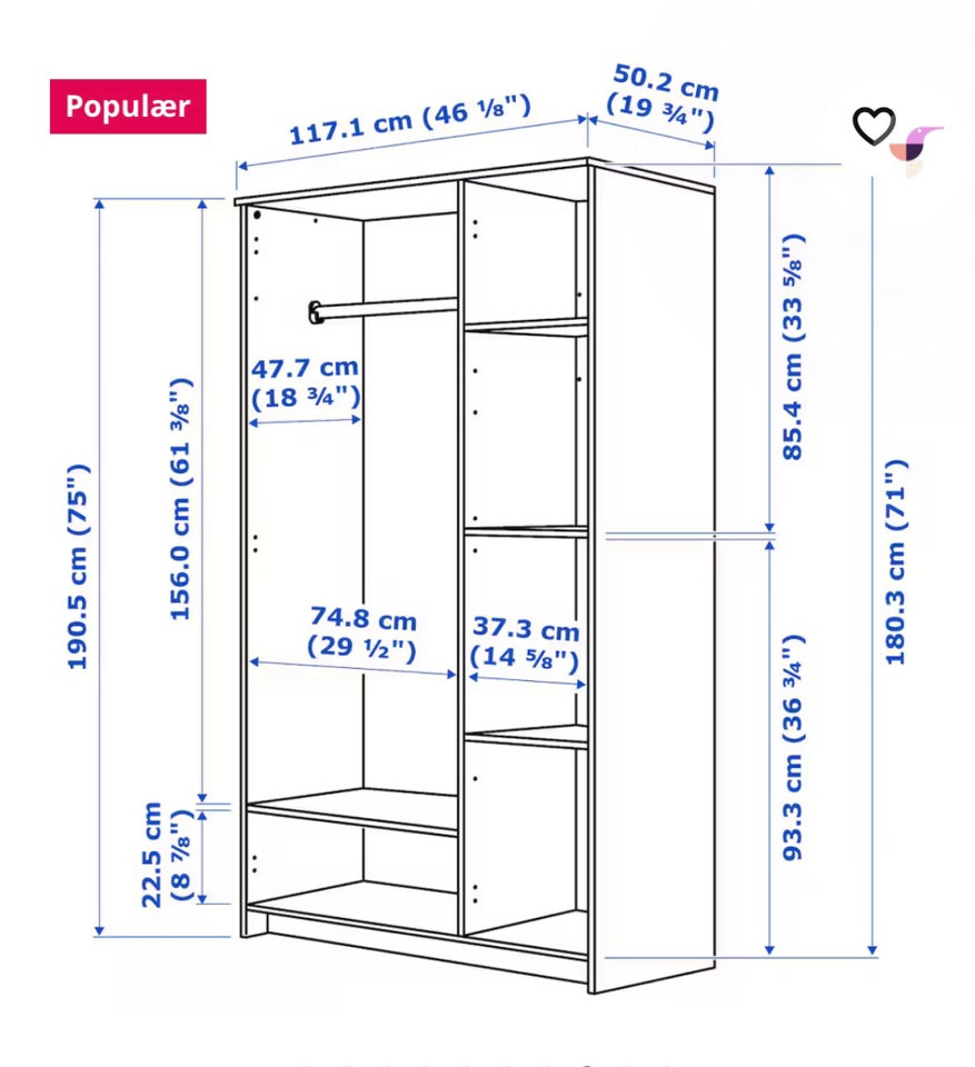 Klædeskab Ikea b: 117 d: 50 h: 190