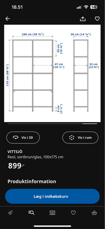 Reol, VITTSJÖ IKEA, b: 100 d: 36 h: