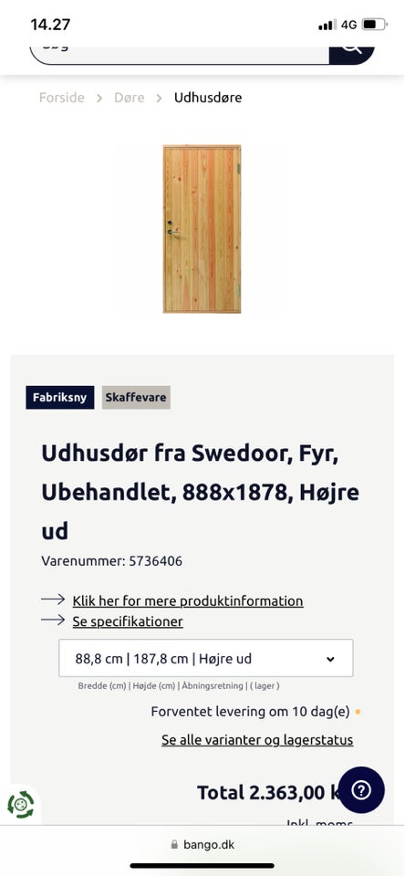 Udhusdør, træ, b: 888 h: 1870