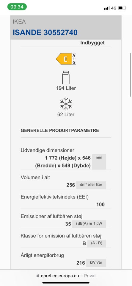 Køle/fryseskab, andet mærke Ikea