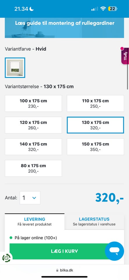 Rullegardin, b: 130 h: 175