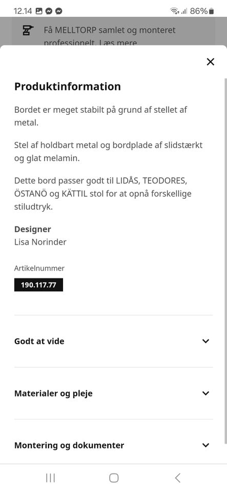 Spisebord, Ikea. Melltorp, b: 75 l: