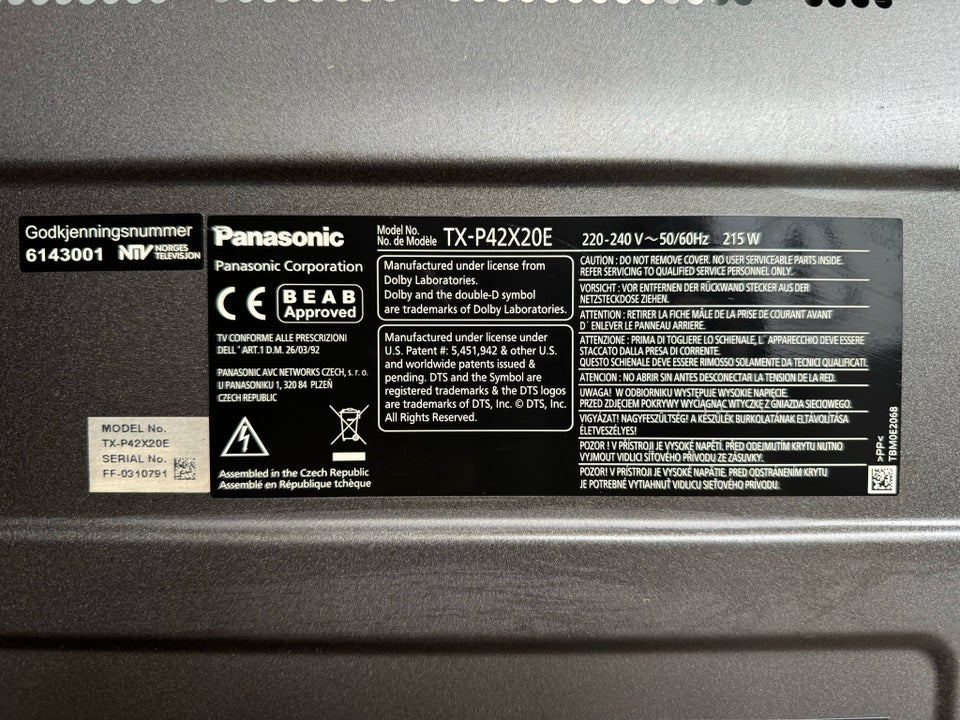 Plasma, Panasonic, TX-P42X20E