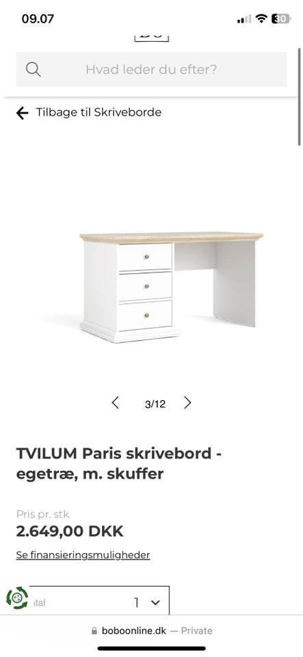 Skrivebord, Tvilum, b: 130 d: 61 h: