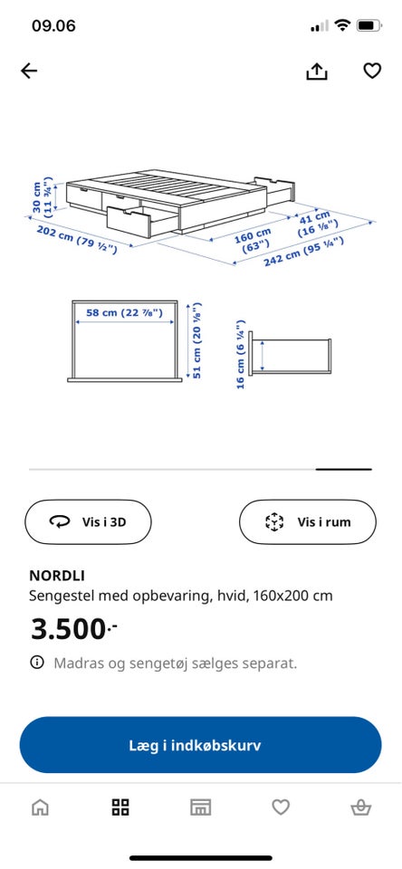 Dobbeltseng, Ikea Nordli, b: 180 l: