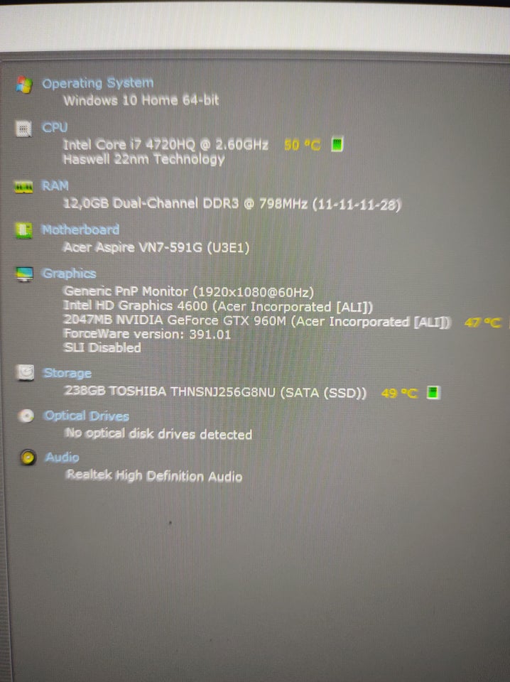 Acer, I7 4720hq GHz, 8 GB ram