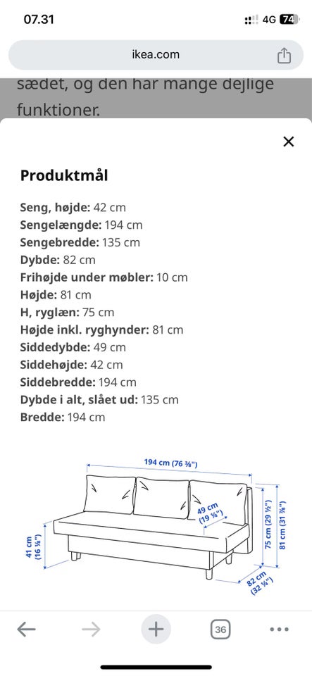 Sovesofa, IKEA, b: 82 l: 194