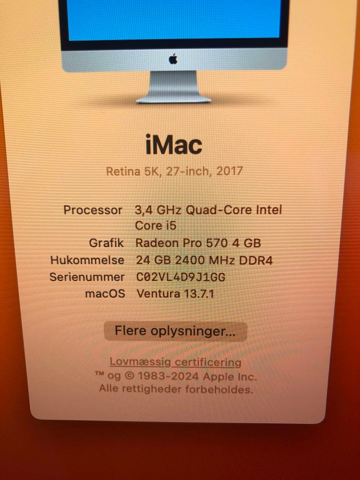 iMac, 27" Retina 5K Tynd Model, 3.4