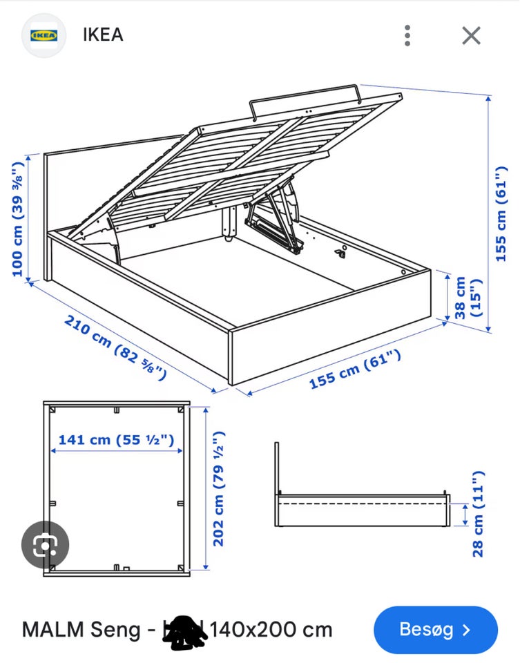 Sengeramme, Ikea Malm, b: 175 l: 210